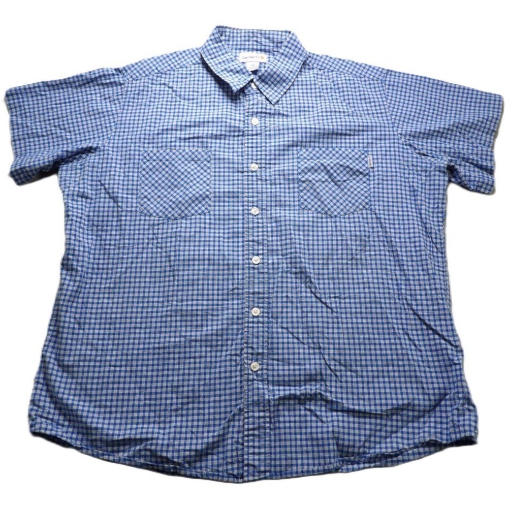 Carhartt Plaid Short Sleeve SS Button Down Work Shirt Blue Cotton Men 2XL Casual